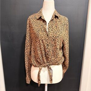 H&M Leopard Print Tie-Front Button-Down Shirt - Tan & Black